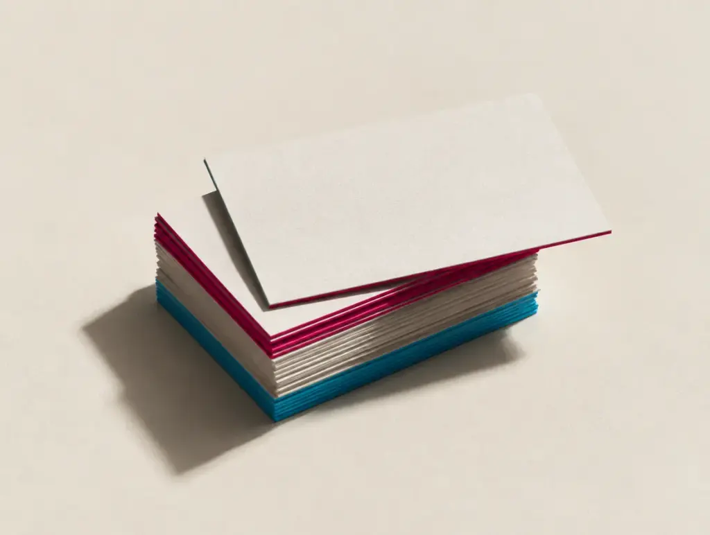 Pila di biglietti da visita su carta avorio con bordi colorati magenta e ciano