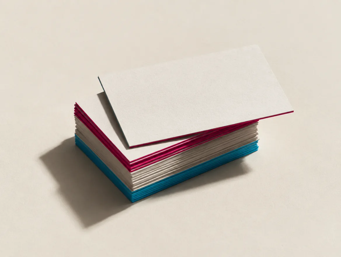 Pila di biglietti da visita su carta avorio con bordi colorati magenta e ciano