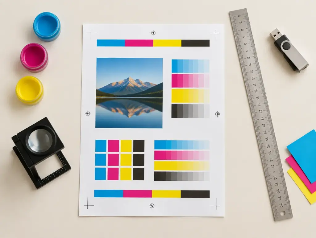 Prova di stampa A4 con barre colore CMYK e crocini di taglio, lente contafili, righello e chiavetta USB