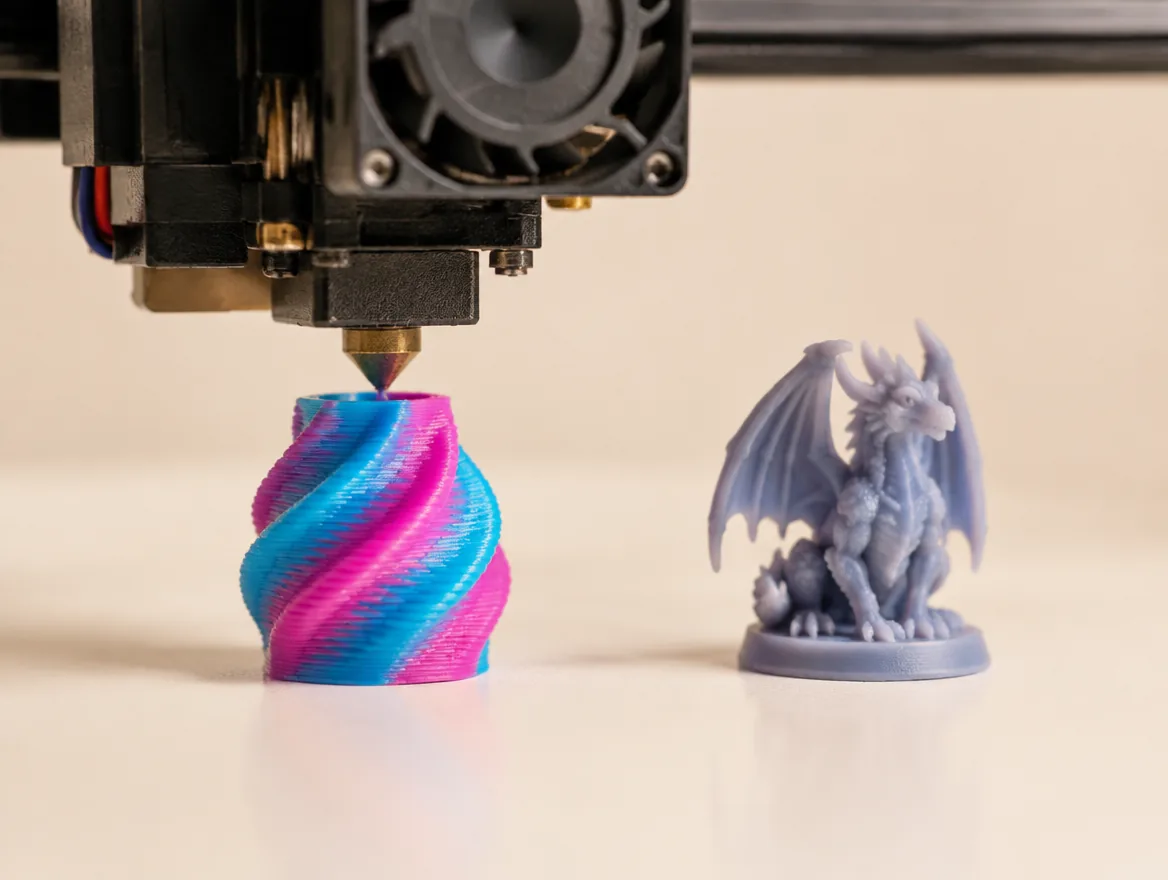 Stampante 3D che realizza un vaso in filamento ciano e magenta accanto a una miniatura in resina