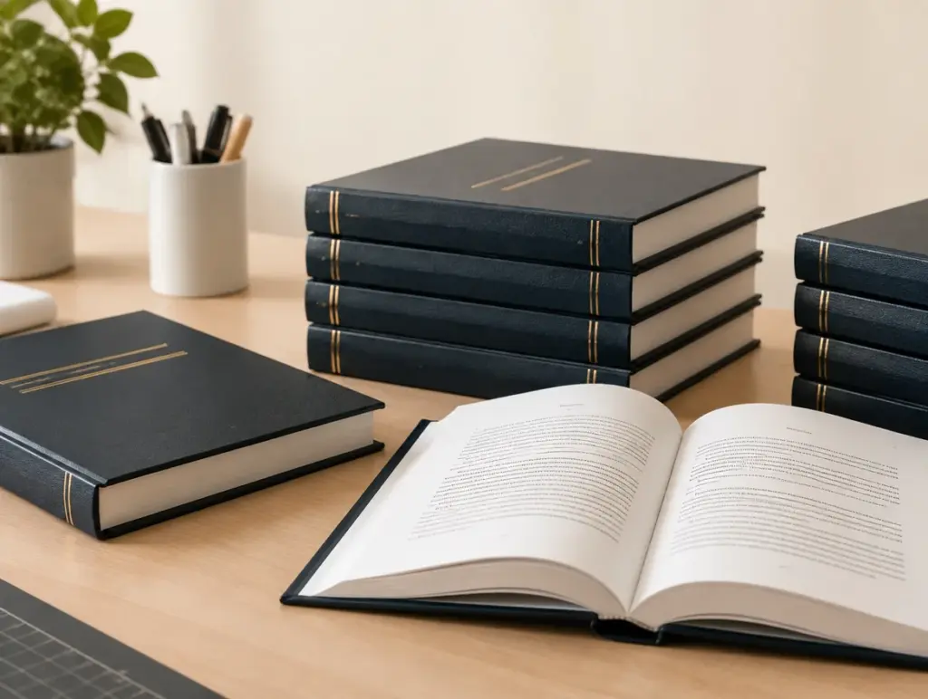 Tesi di laurea rilegate con copertina rigida blu e una copia aperta sulla scrivania