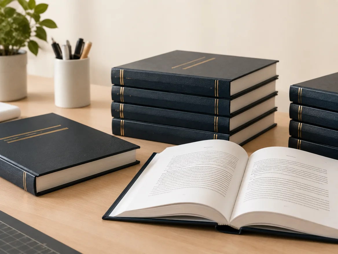 Tesi di laurea rilegate con copertina rigida blu e una copia aperta sulla scrivania