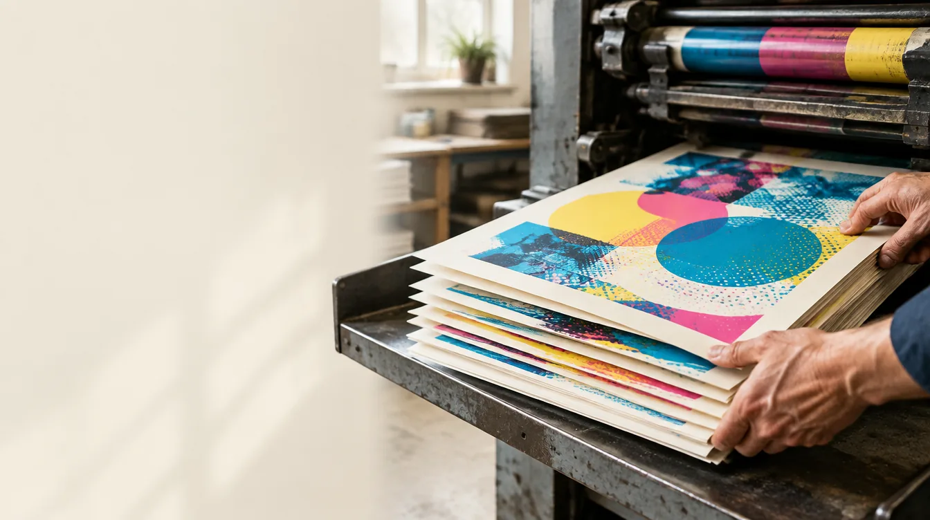 Fogli appena stampati a colori raccolti all'uscita di una macchina da stampa offset