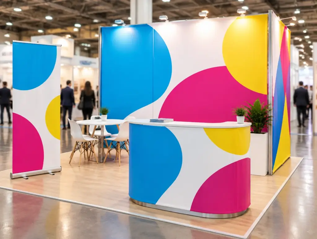 Stand fieristico con pannelli stampati, banco reception e roll-up con grafiche ciano, magenta e gialle