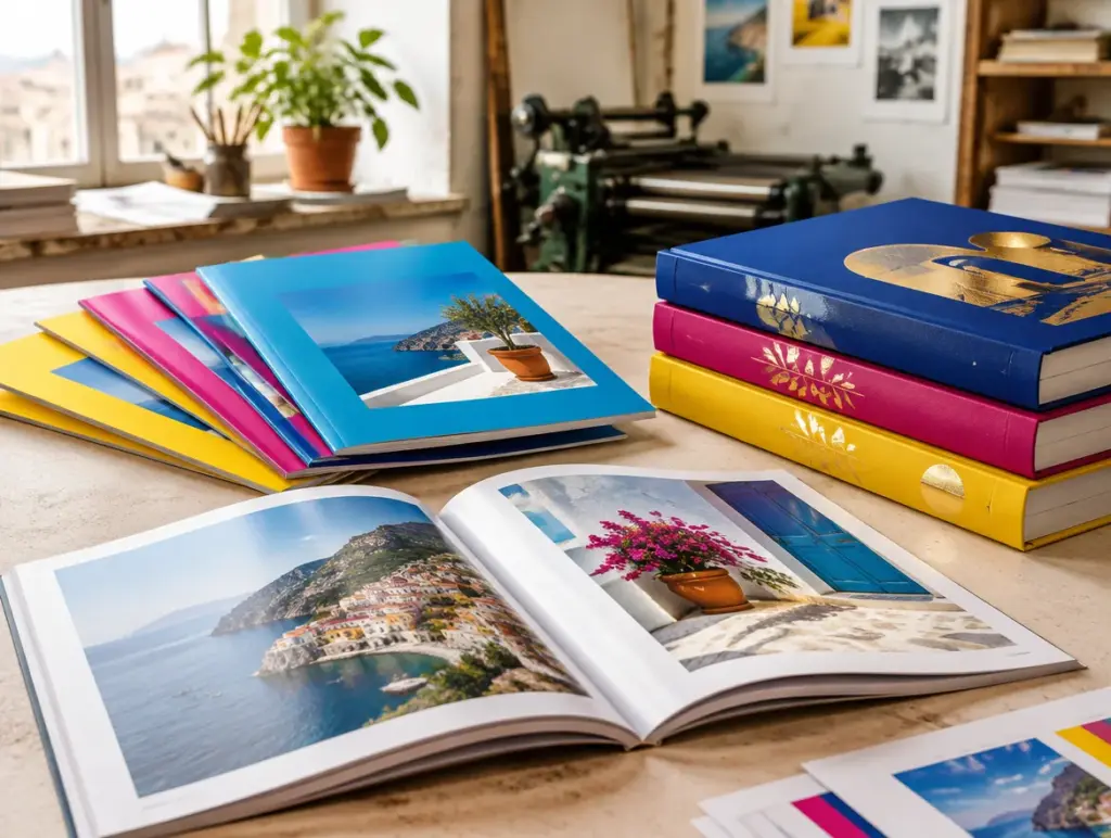 Cataloghi e libri d'arte stampati con copertine ciano, magenta e gialle, vernice UV e lamina oro
