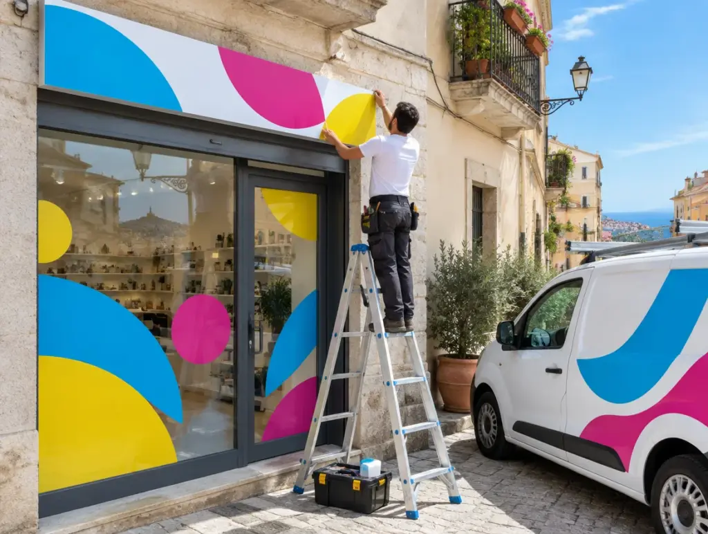Tecnico che monta un'insegna sopra un negozio con vetrofanie colorate e furgone decorato con adesivi
